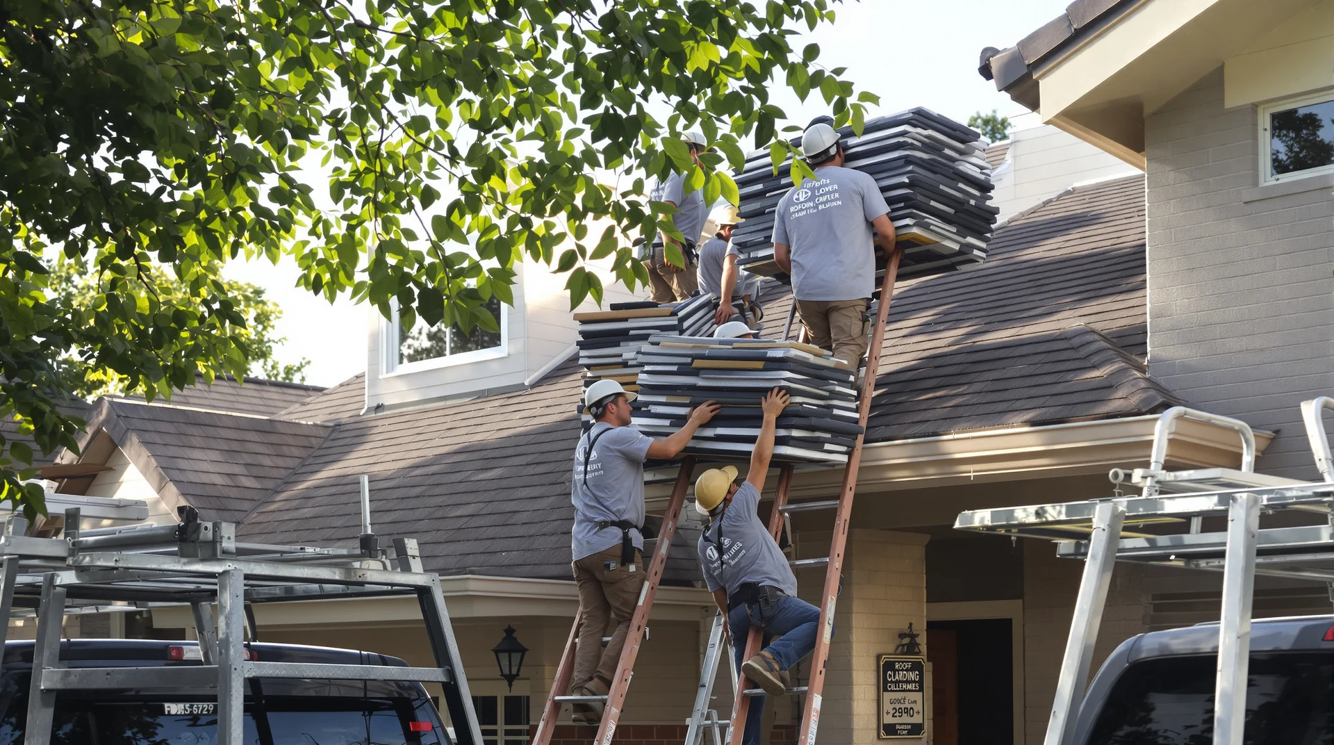 Roofing crew carrying shingle bundles up a ladder