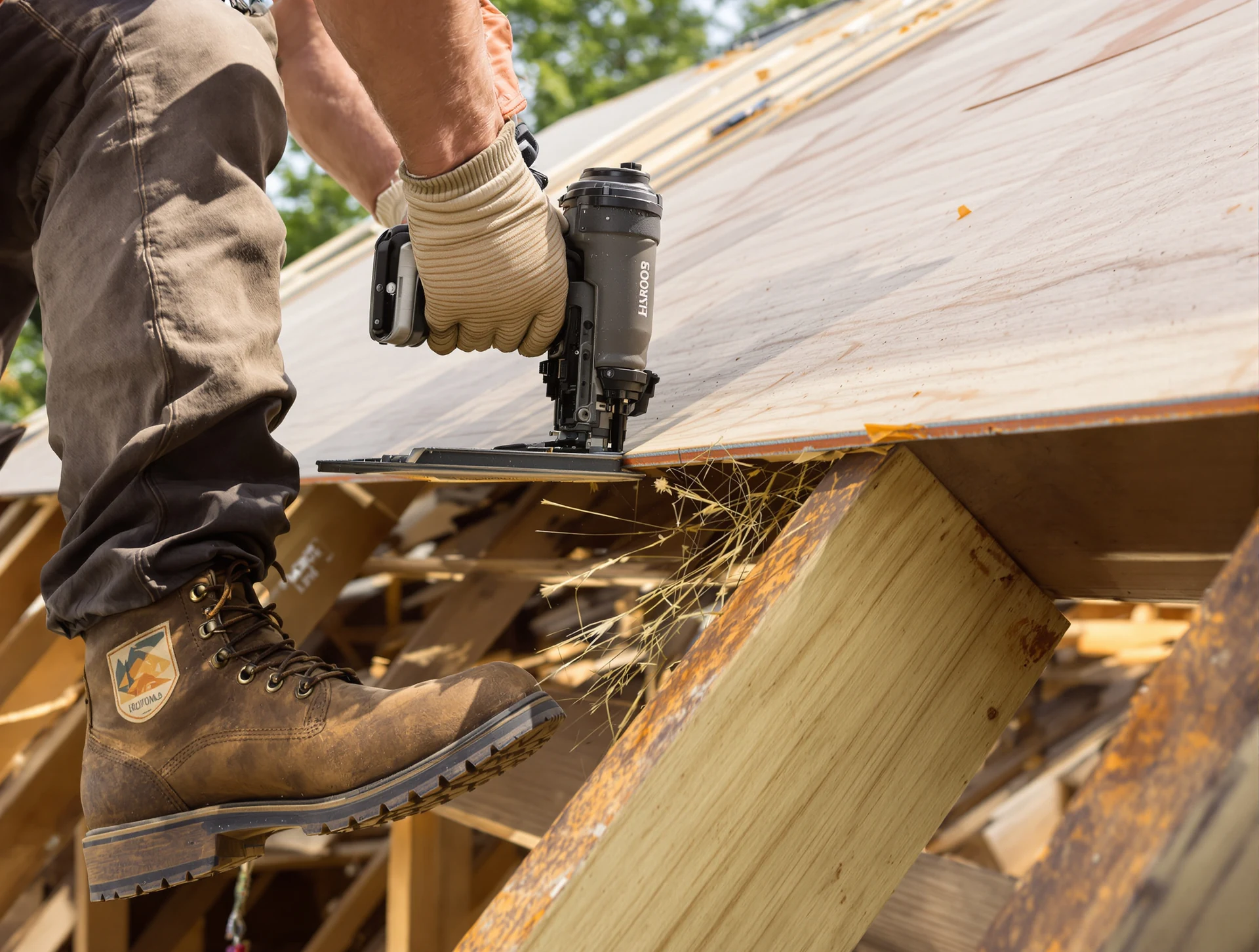 Roofer nailing new plywood decking during a reroof