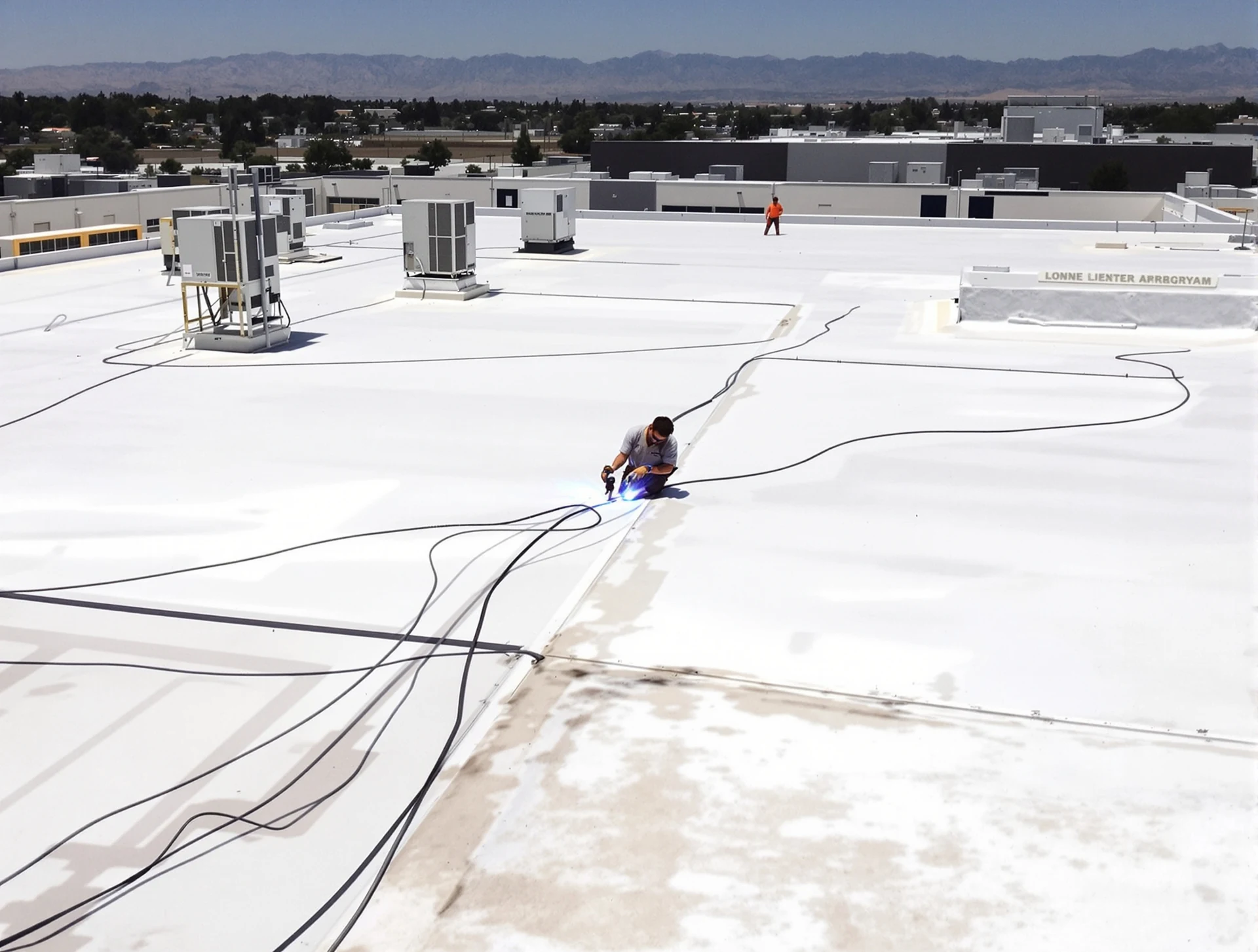 Roofer heat welding a seam on a white TPO flat roof