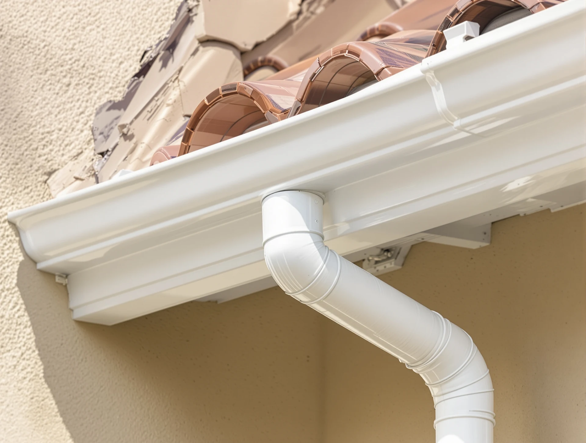New rain gutter and downspout under a tile roof edge
