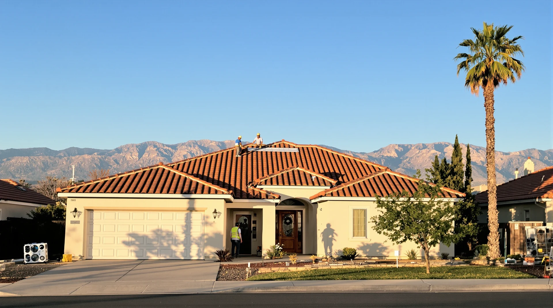 Stucco home in Ontario, CA with a new terracotta tile roof and the San Gabriel Mountains behind