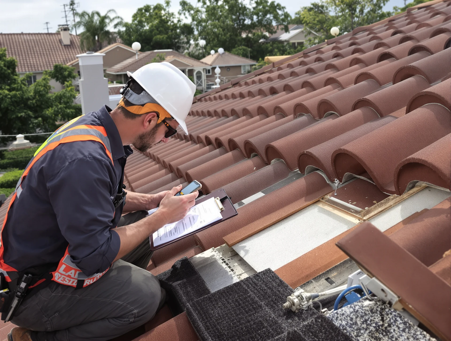 Roof inspector taking notes and photos on a tile roof