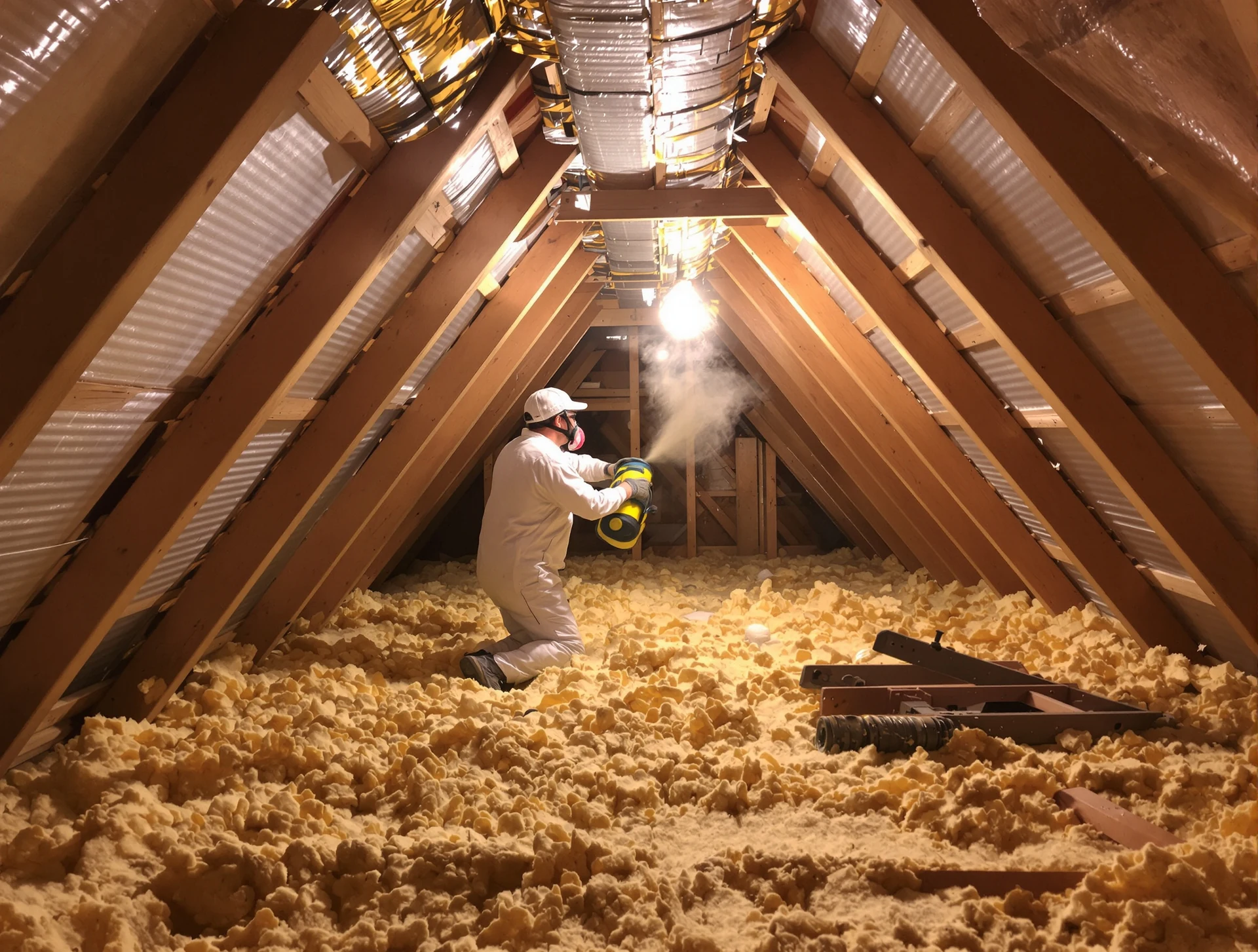 Installer blowing new insulation into an attic with radiant barrier above
