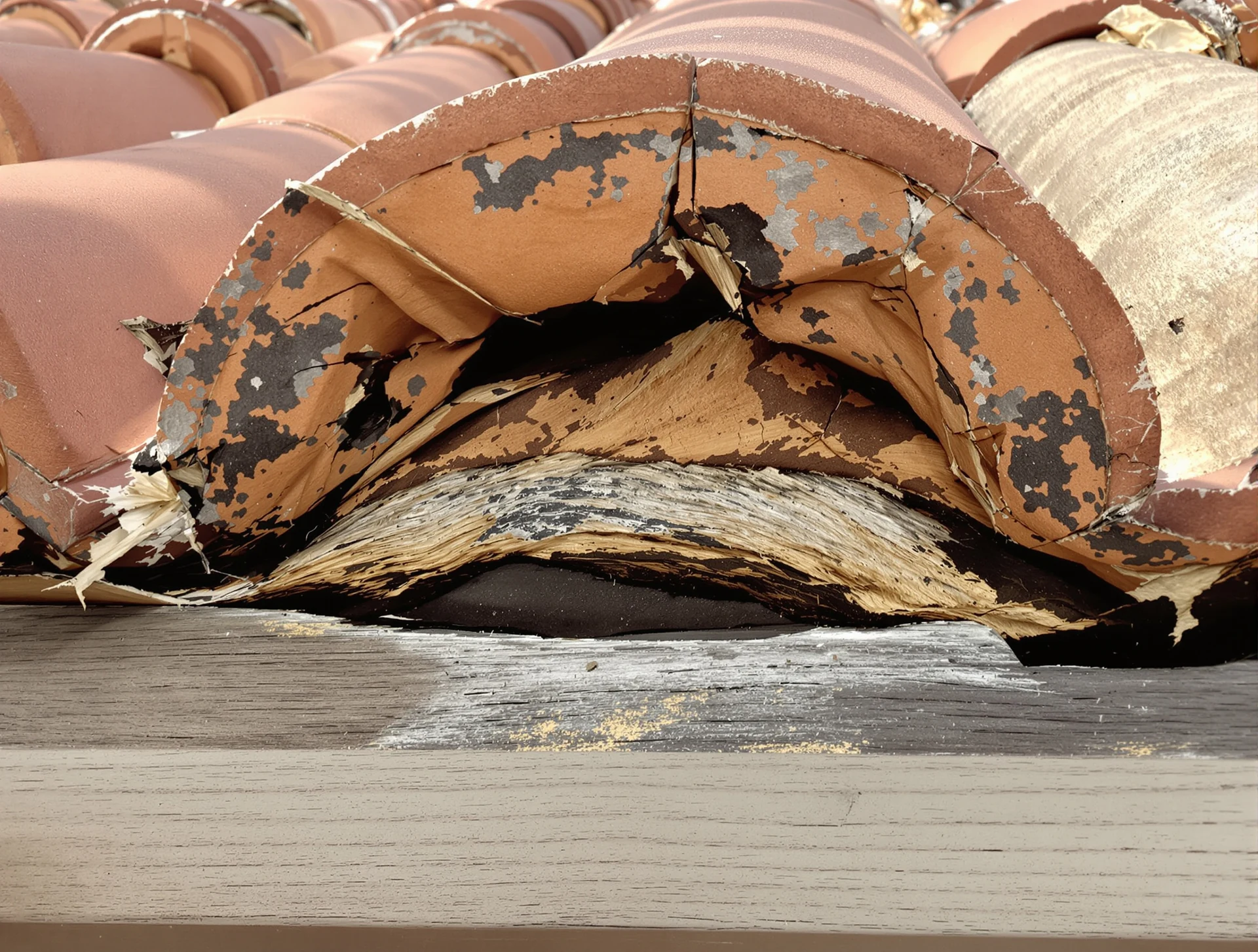 Cracked roof tiles over torn underlayment, the start of a roof leak