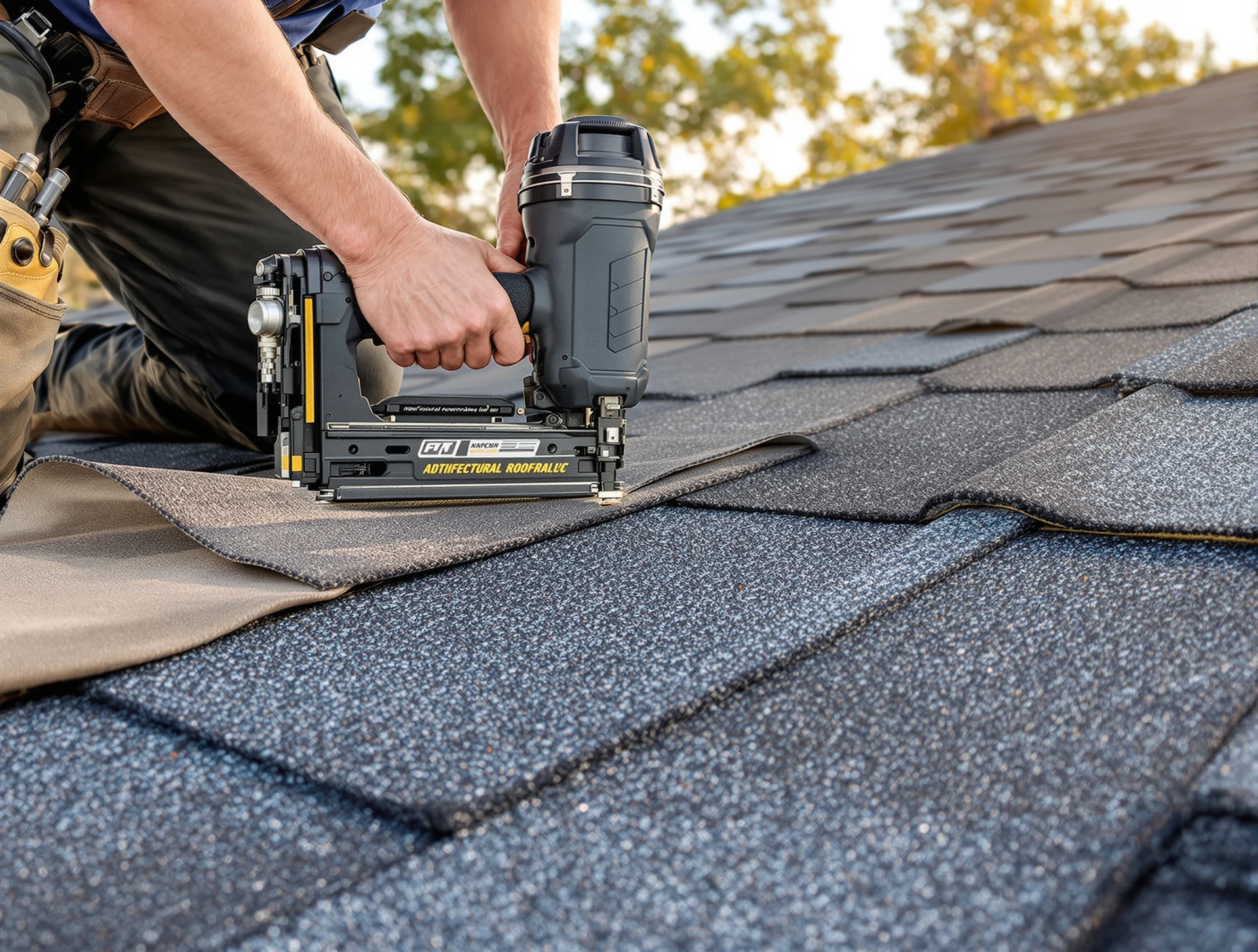 Roofer nailing architectural shingles on a ranch home