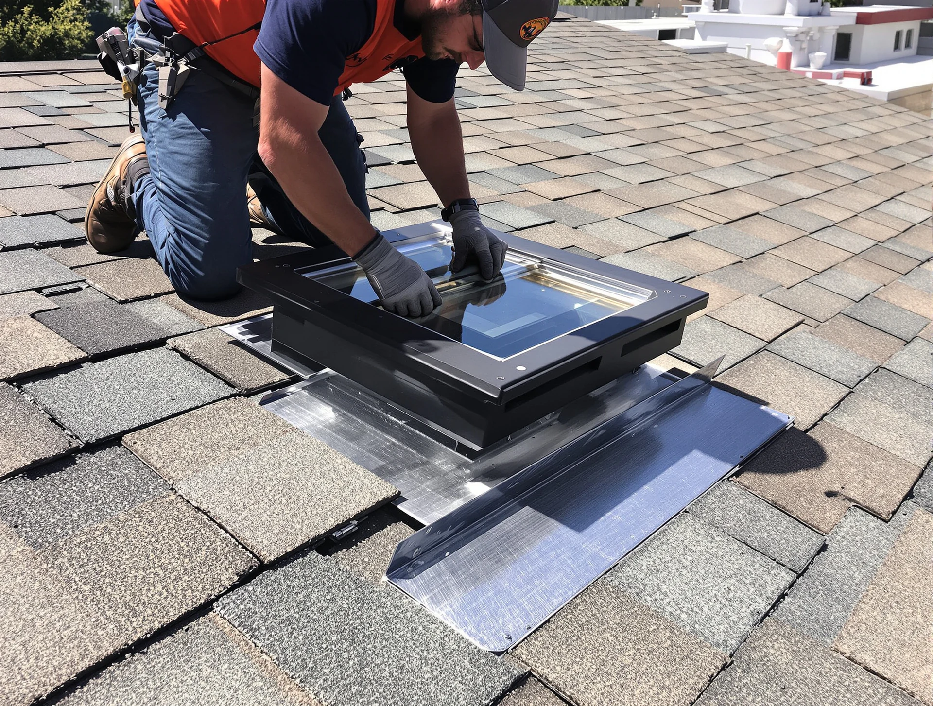 Roofer setting new flashing around a skylight on a shingle roof