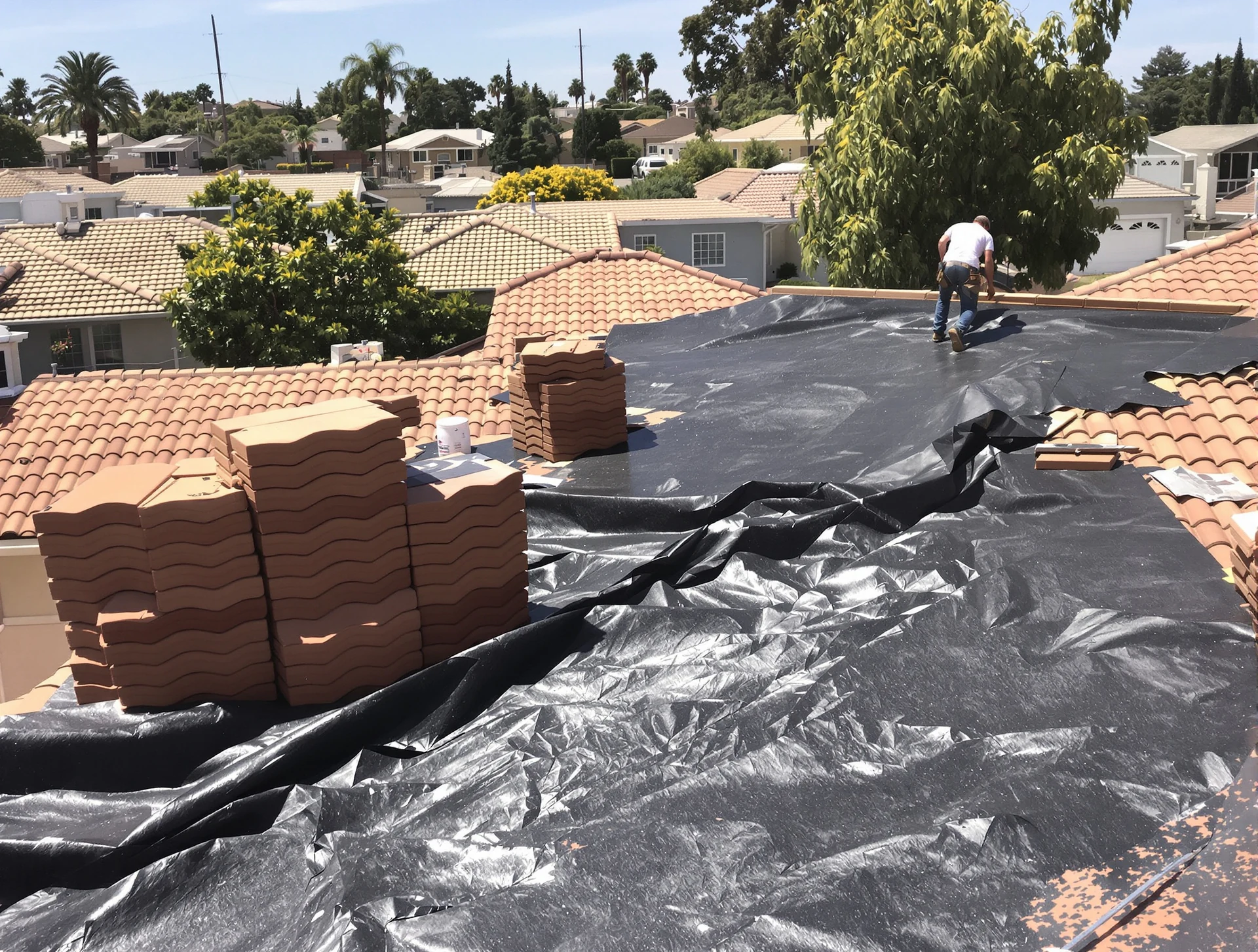 New underlayment going down on a tile roof with the old tiles stacked to go back on