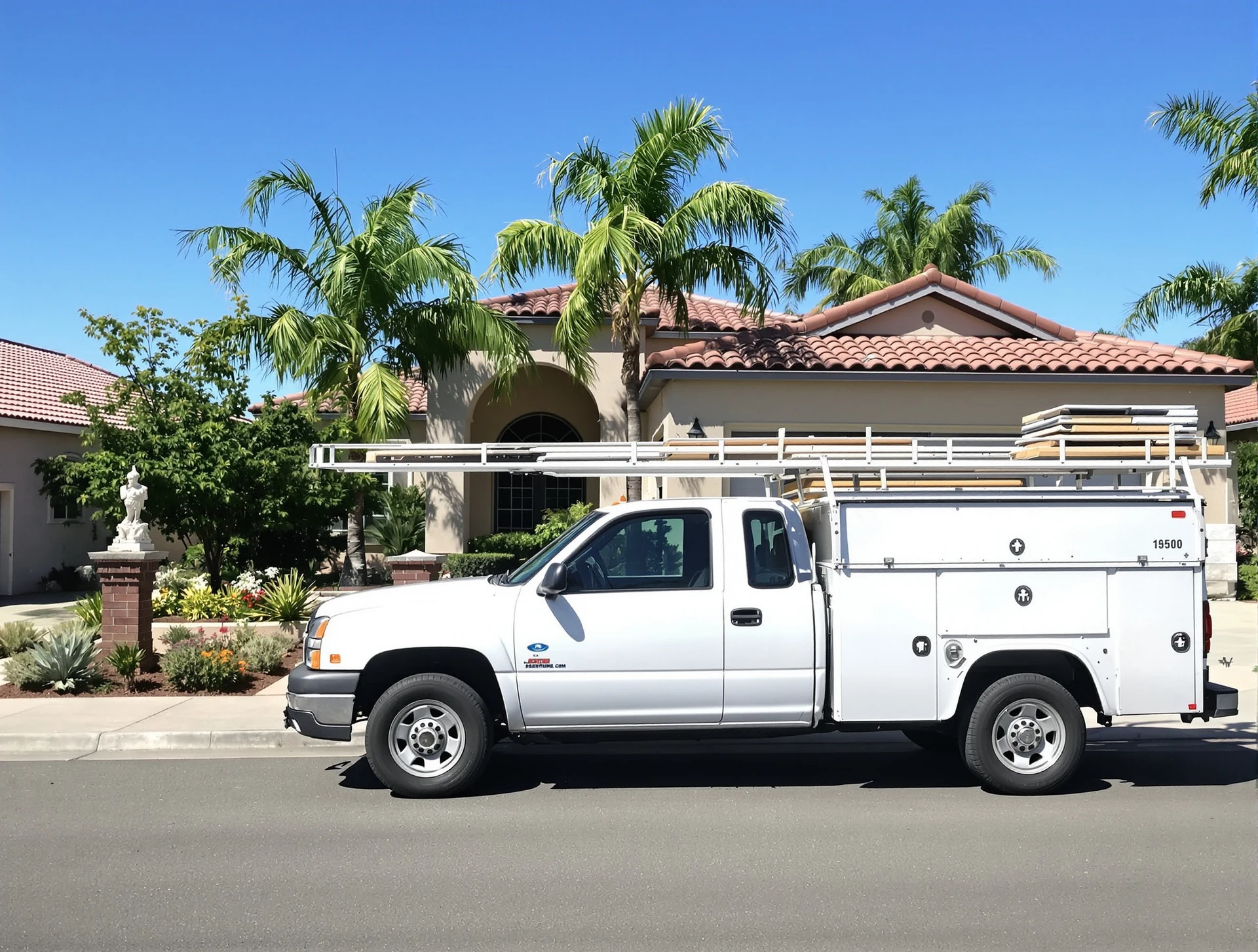 Work truck loaded with roof tile parked in front of an Ontario home