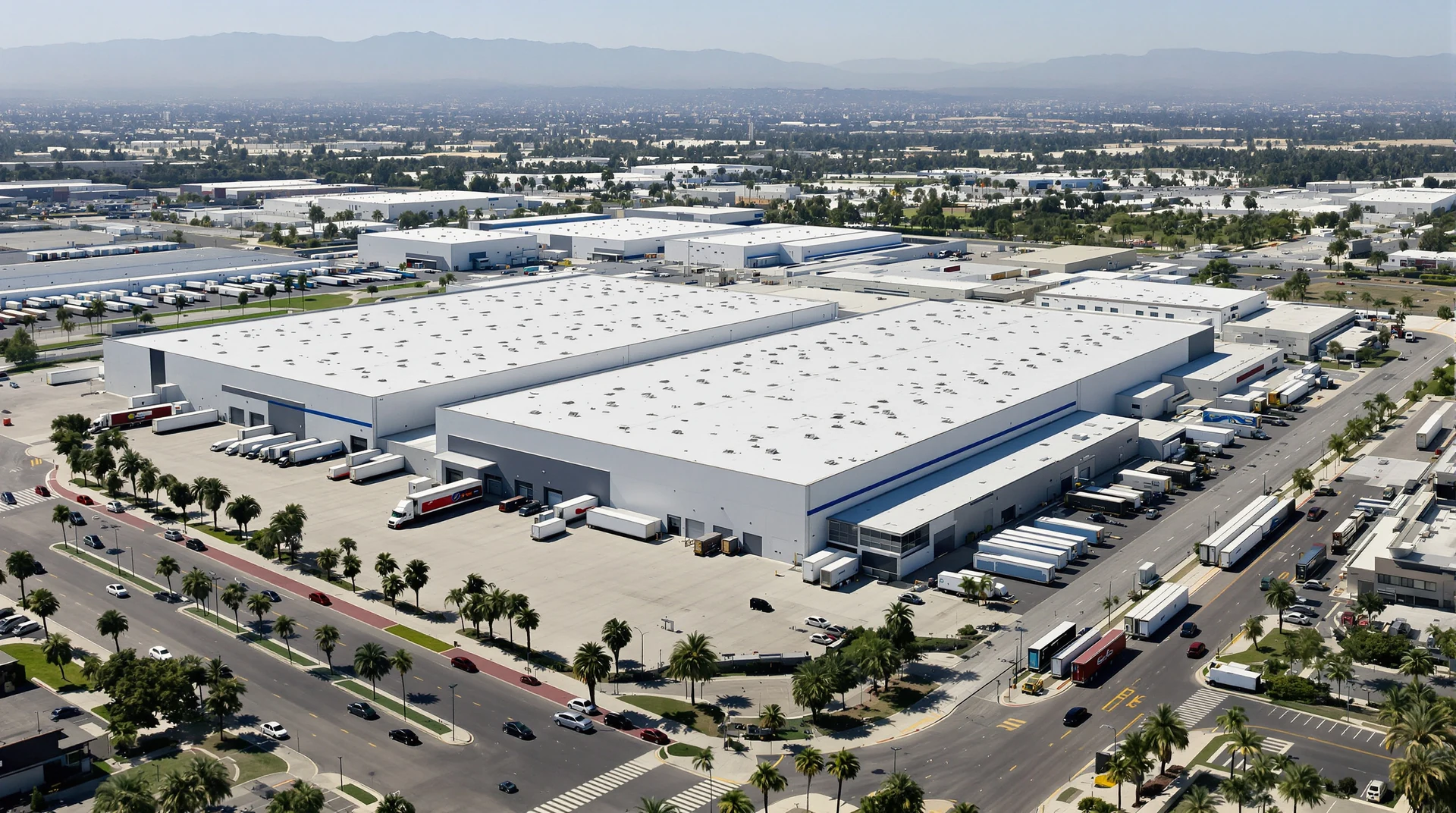 White cool roofs on warehouses in Ontario, CA from the air